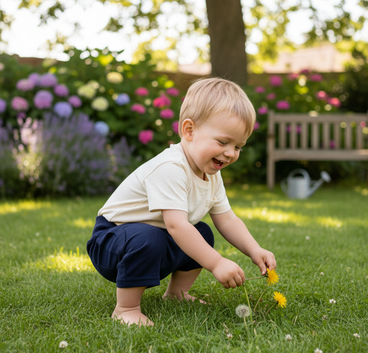 Child playing in a garden wearing Black_baby_Pocket_Harem_pockets