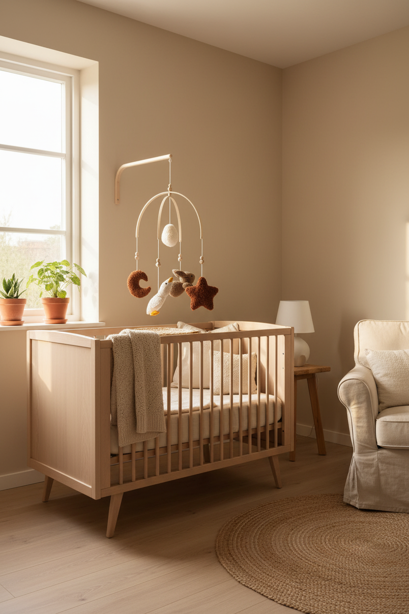 Nursery room with wooden crib, mobile, and decor elements.
