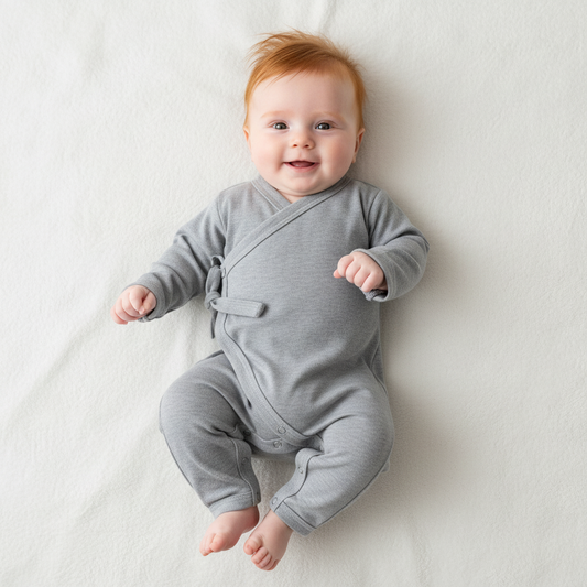 baby wearing a kimono romper