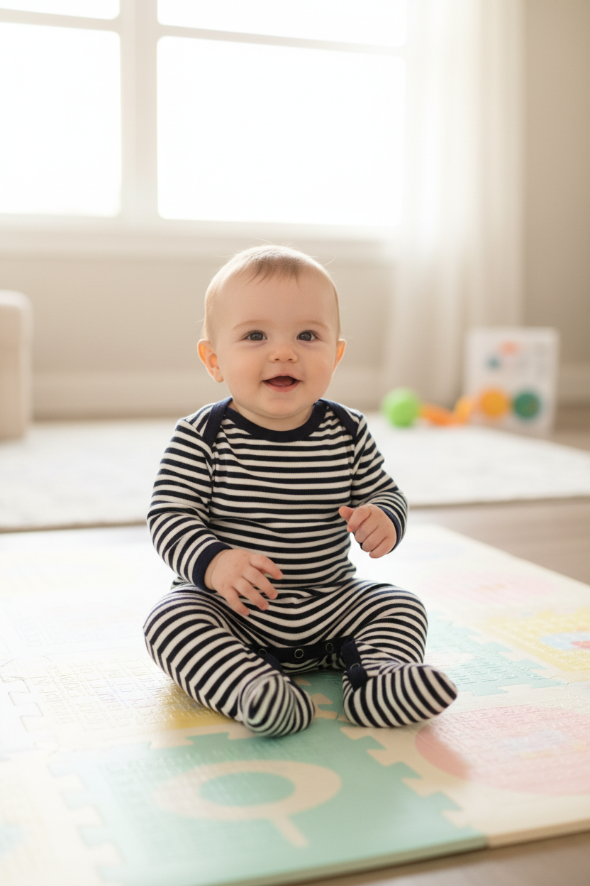 Baby in a navy and white striped babygro sitting on a play mat.