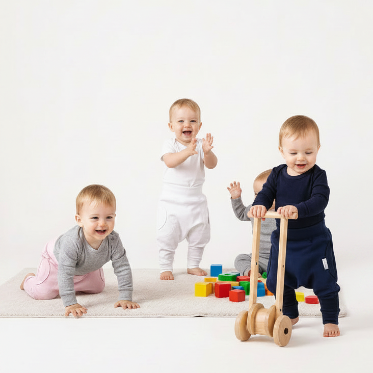 babies in wearing 100% cotton harem pocket pants playing on a white floor with toys.