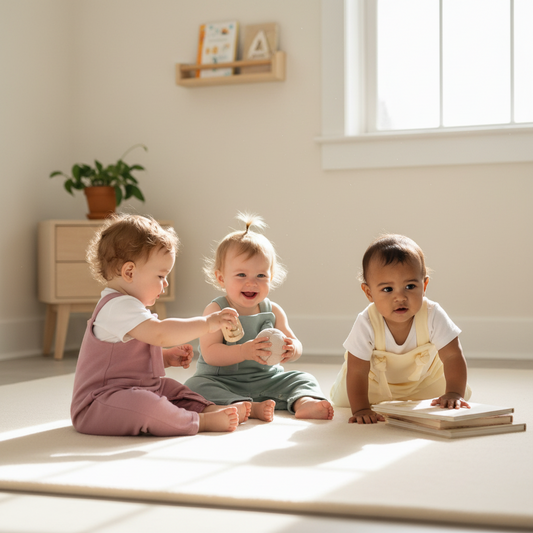 Three children's overalls in pink, green, and beige on a gray background