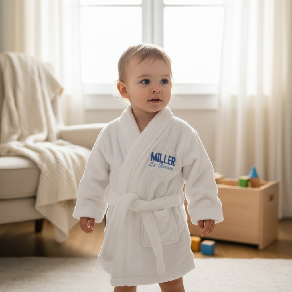 White robe with personalized embroidery with baby name