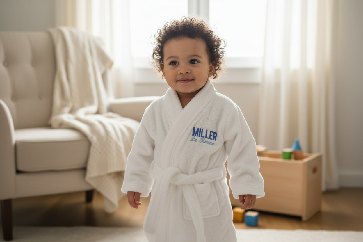 White robe with personalized embroidery with baby name