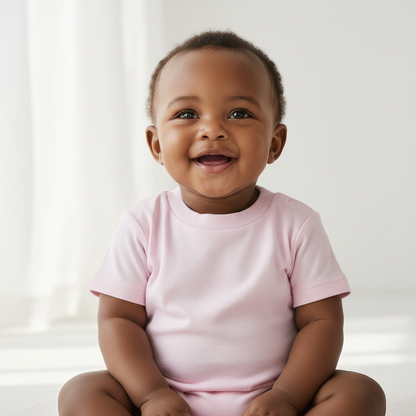 A smiling baby wearing a light pink short-sleeve t-shirt,100% cotton - Little Lumps
