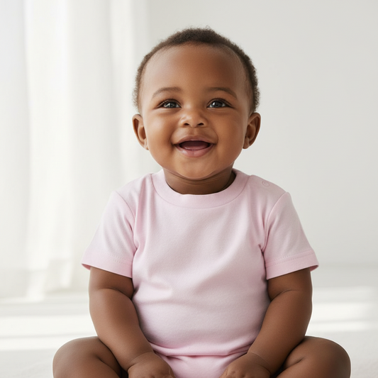 A smiling baby wearing a light pink short-sleeve t-shirt,100% cotton - Little Lumps