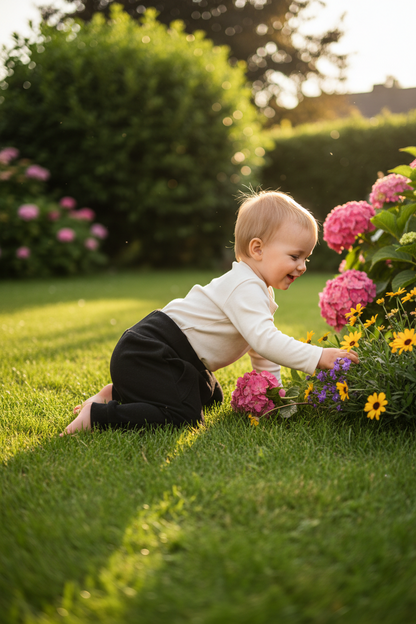 Child playing with flowers in a garden wearing comfy cotton harem pants