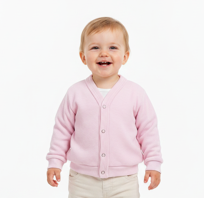 A smiling toddler standing against a plain white studio background, wearing a light pink button-front cardigan over a white top, beige pants, and white sneakers.