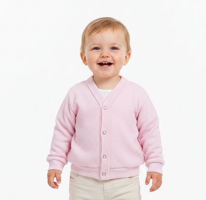 A smiling toddler standing against a plain white studio background, wearing a light pink button-front cardigan over a white top, beige pants, and white sneakers.