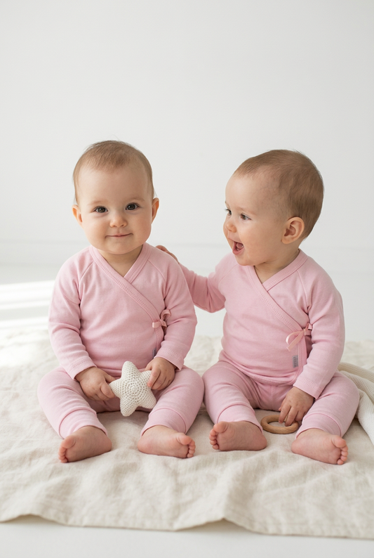 twins wearing Little Lumps crossover cardigans