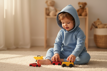 Child playing with toy cars on a carpeted floor in a cozy room.