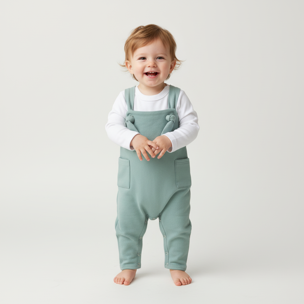 Child wearing a light green bib overalls on a plain background