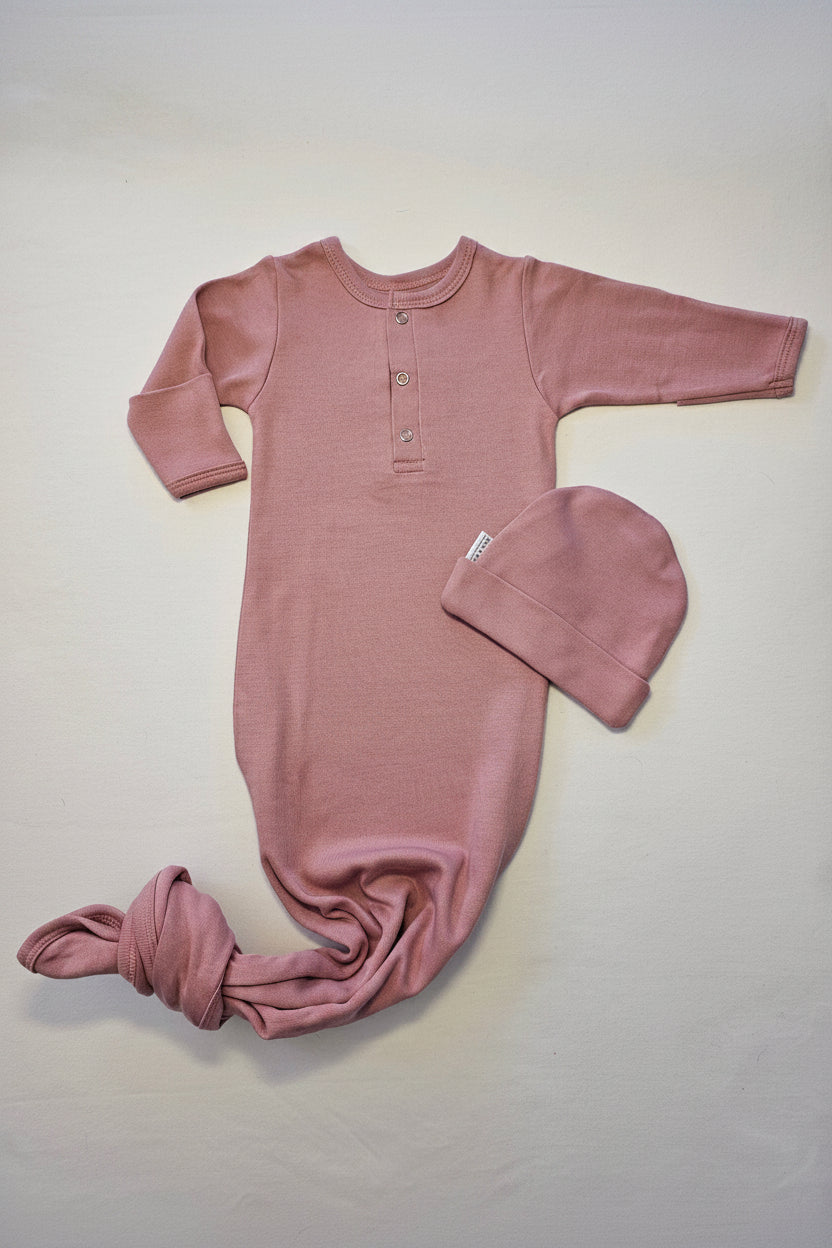 Dusty Pink Knotted Sleep Onesie and Beanie Set