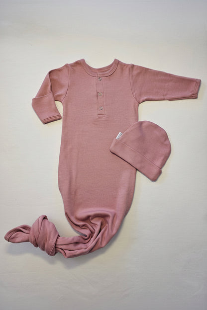 Dusty Pink Knotted Sleep Onesie and Beanie Set