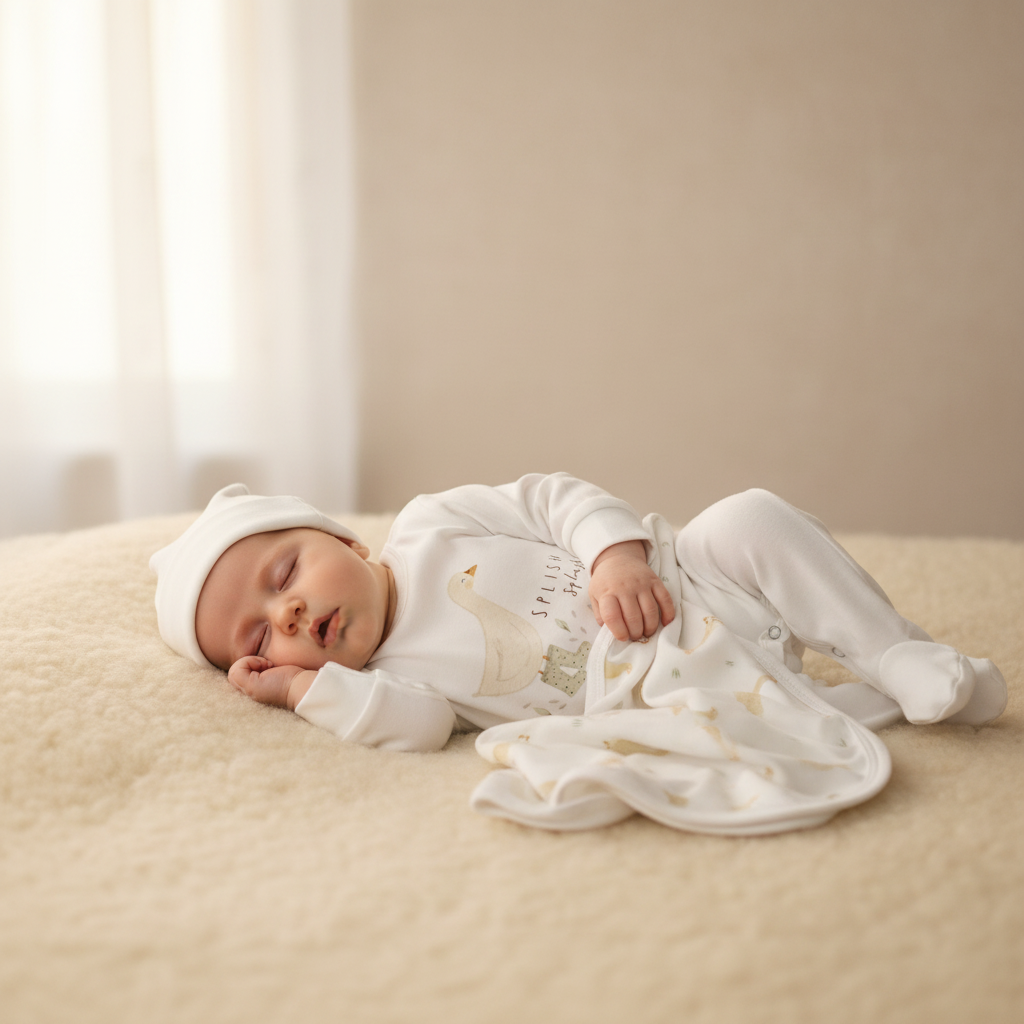 Baby wearing Little Lumps goosie babygro