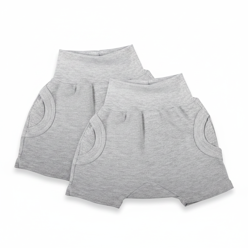 Two pairs of gray shorts on a white background