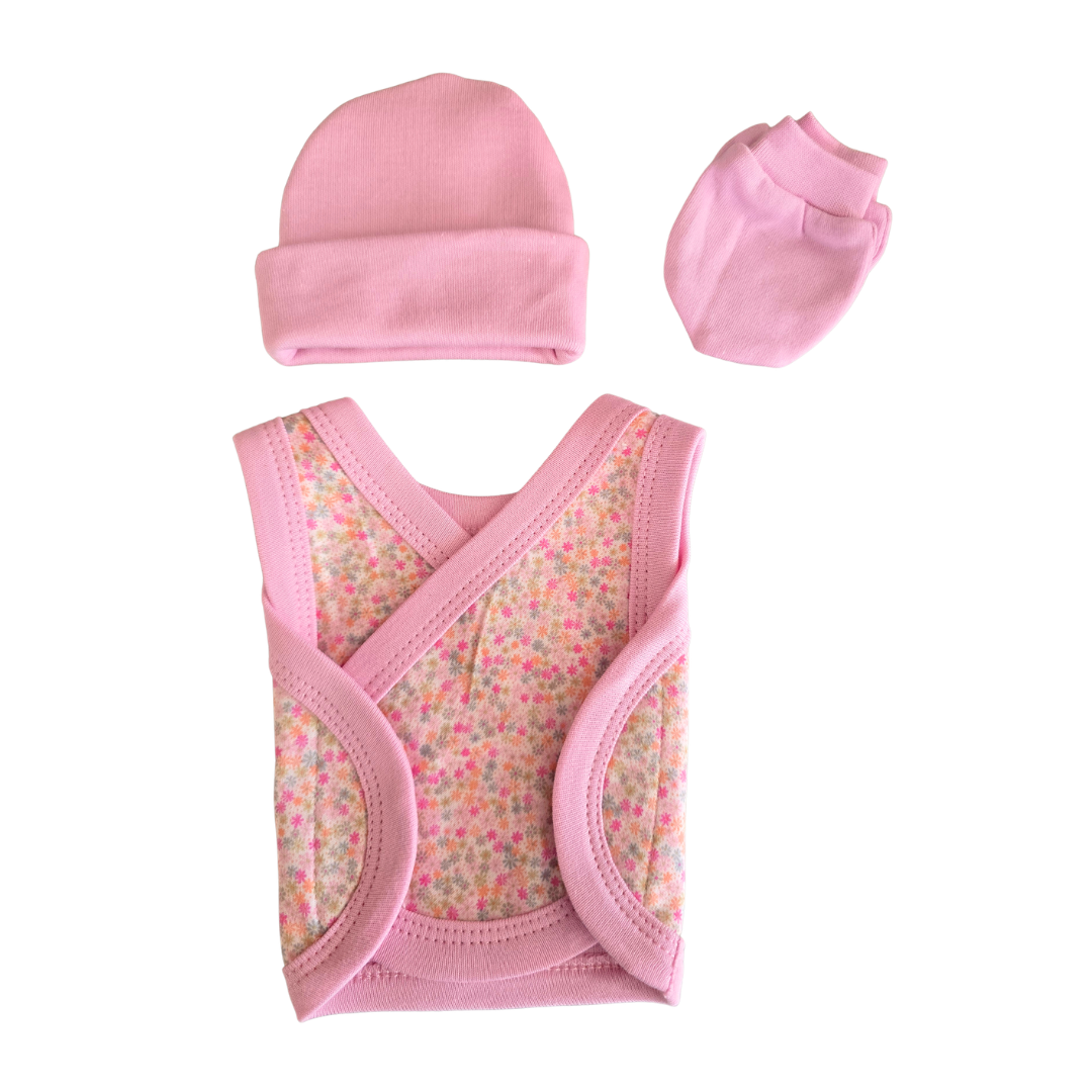 Baby NICU set with pink hat, mittens, and fold over vest on a white background