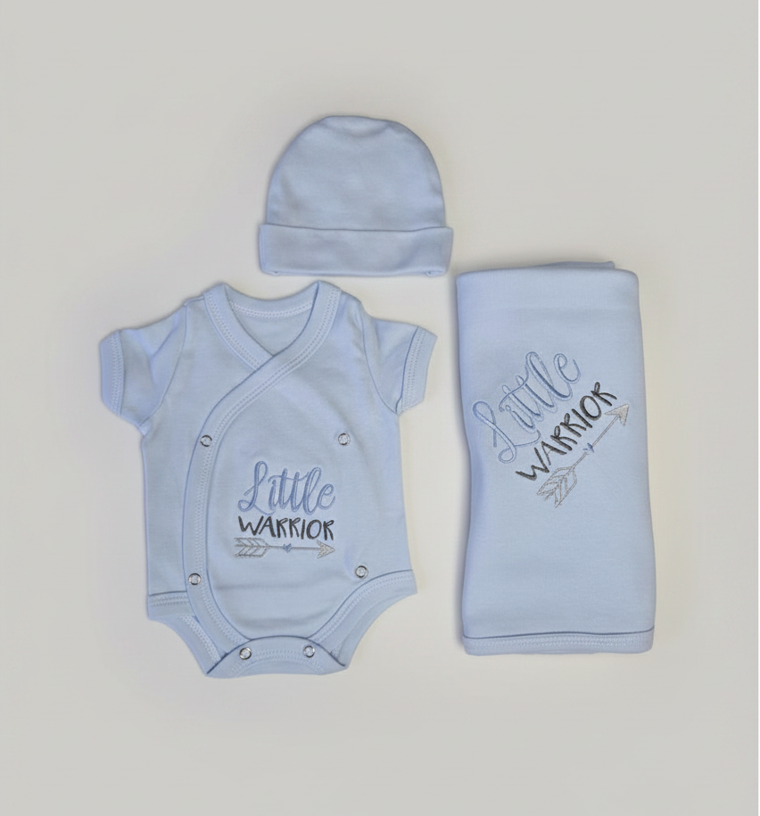 Preemie - little warrior crossover onesie, beanie and swaddle gift set - 100% cotton