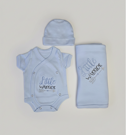 Preemie - little warrior crossover onesie, beanie and swaddle gift set - 100% cotton