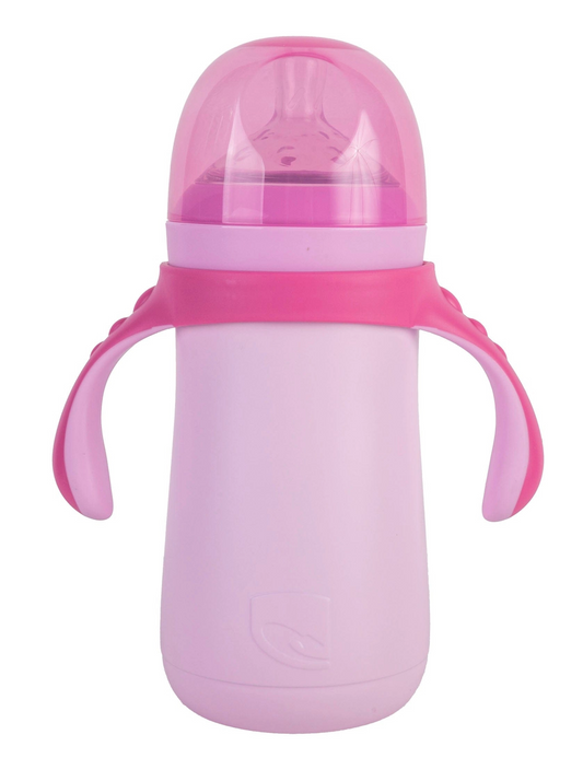 Pink baby bottle with handle on a white background