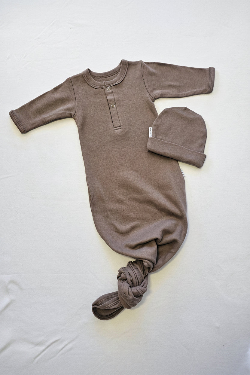 Mocha Knotted Sleep Onesie and Beanie Set