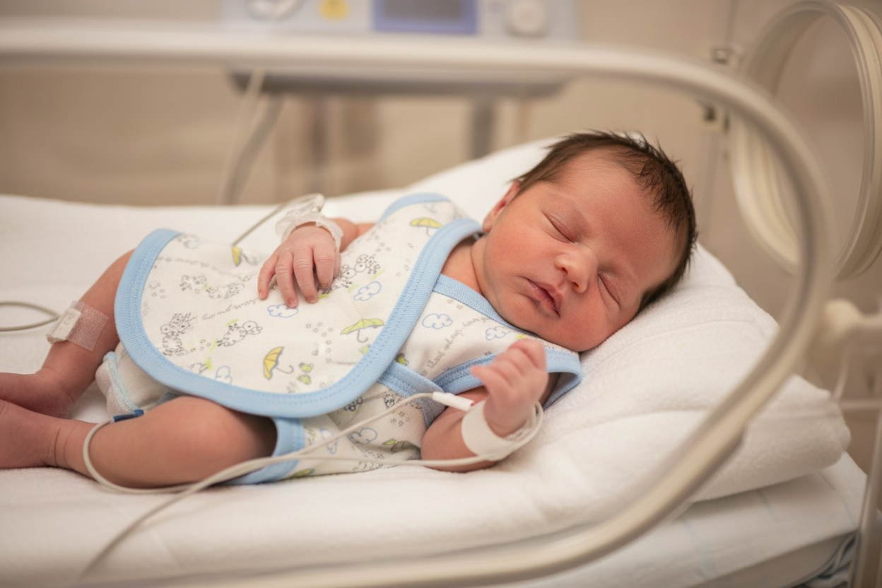 Newborn baby in an incubator wearng the NICU vest