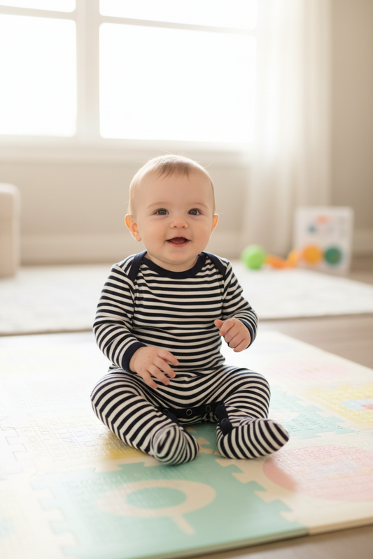 Baby in a navy and white striped babygro sitting on a play mat.