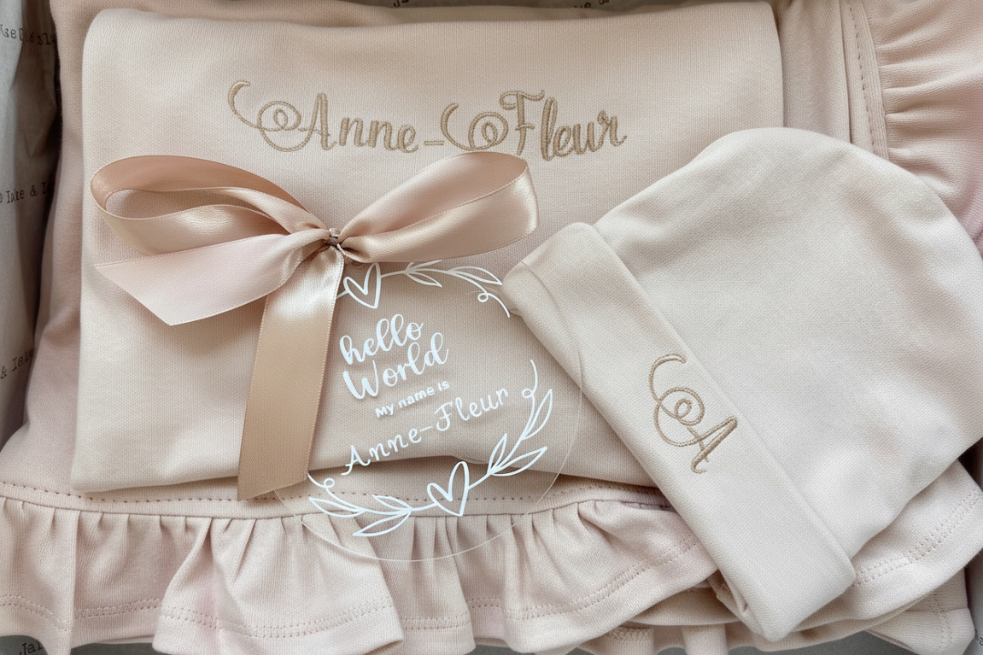 Personalised Embroidered coming home set in stone
