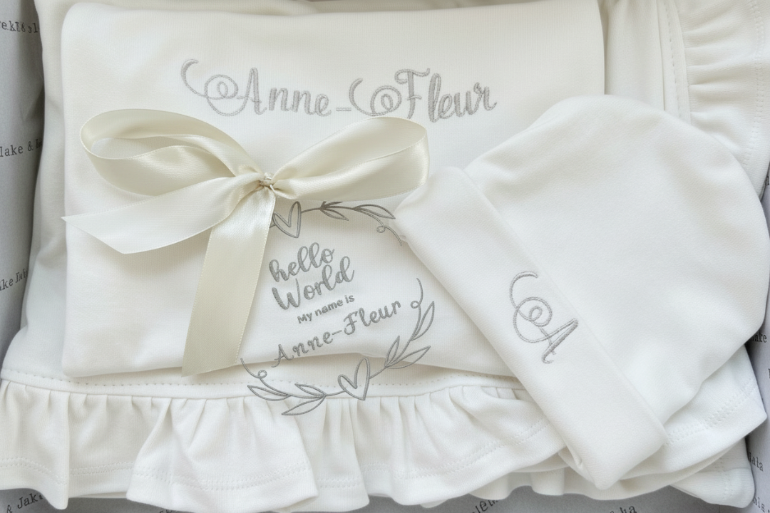 Personalised embroidered White baby outfit with ruffles and embroidered text on a white background