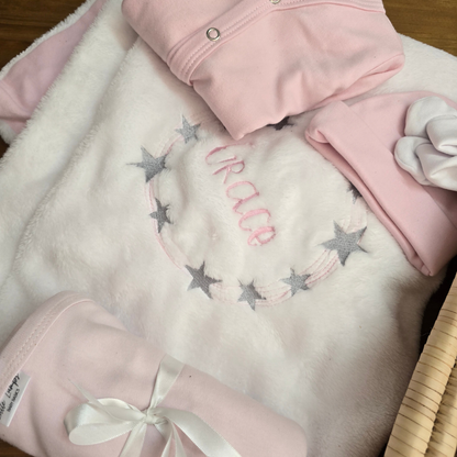 Personalised embroidered blanket with the name Grace embroidered in Pink