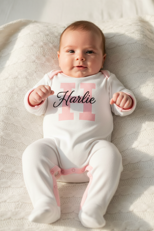 Baby wearing a white onesie with pink accents and the name 'Harlie' on a soft surface