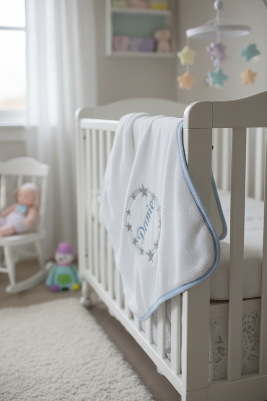 Baby blanket with 'Danie' embroidered on a plain background