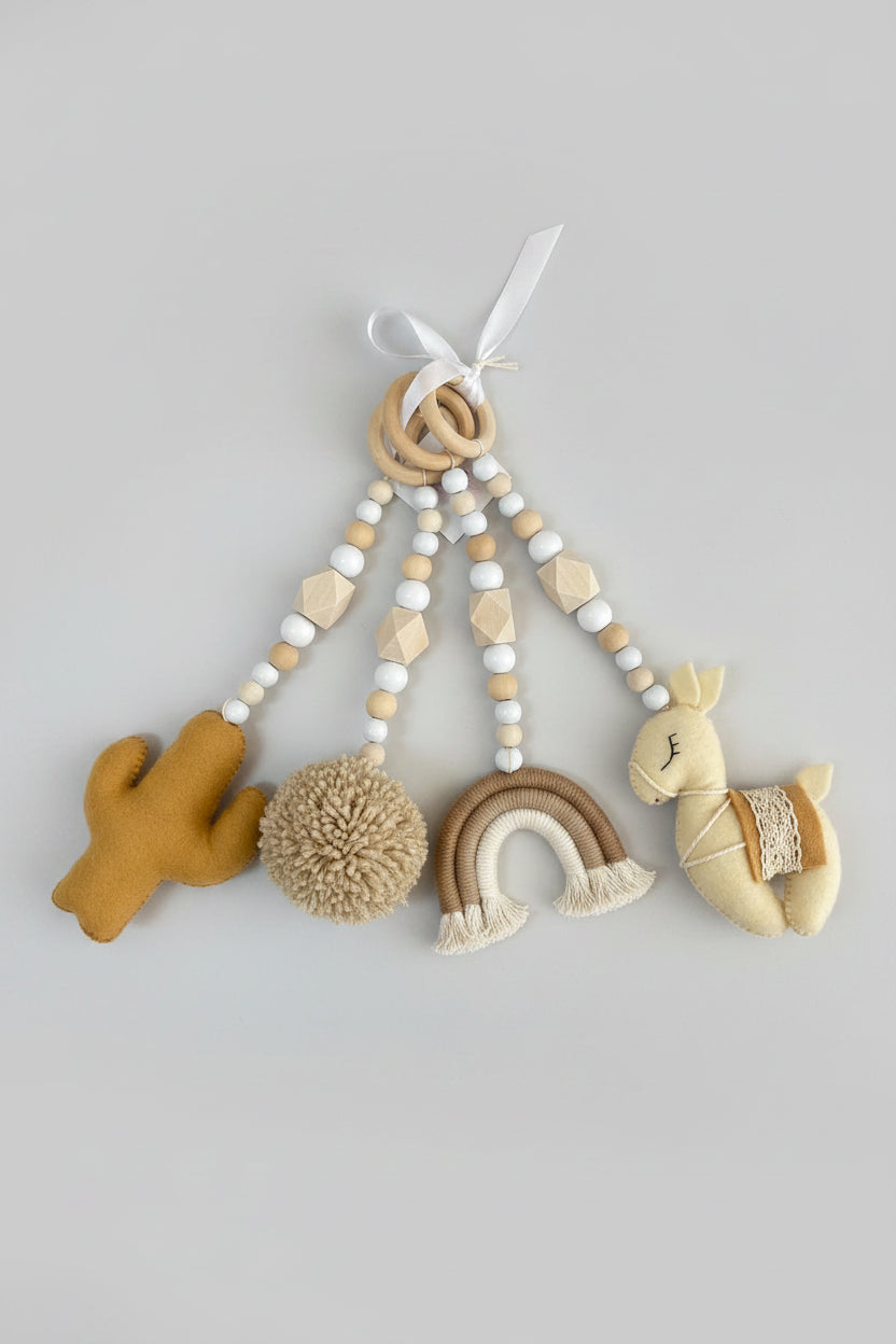 Set of Pram dangles with Lama, rainbow, pom pom and cacti in neutral colours
