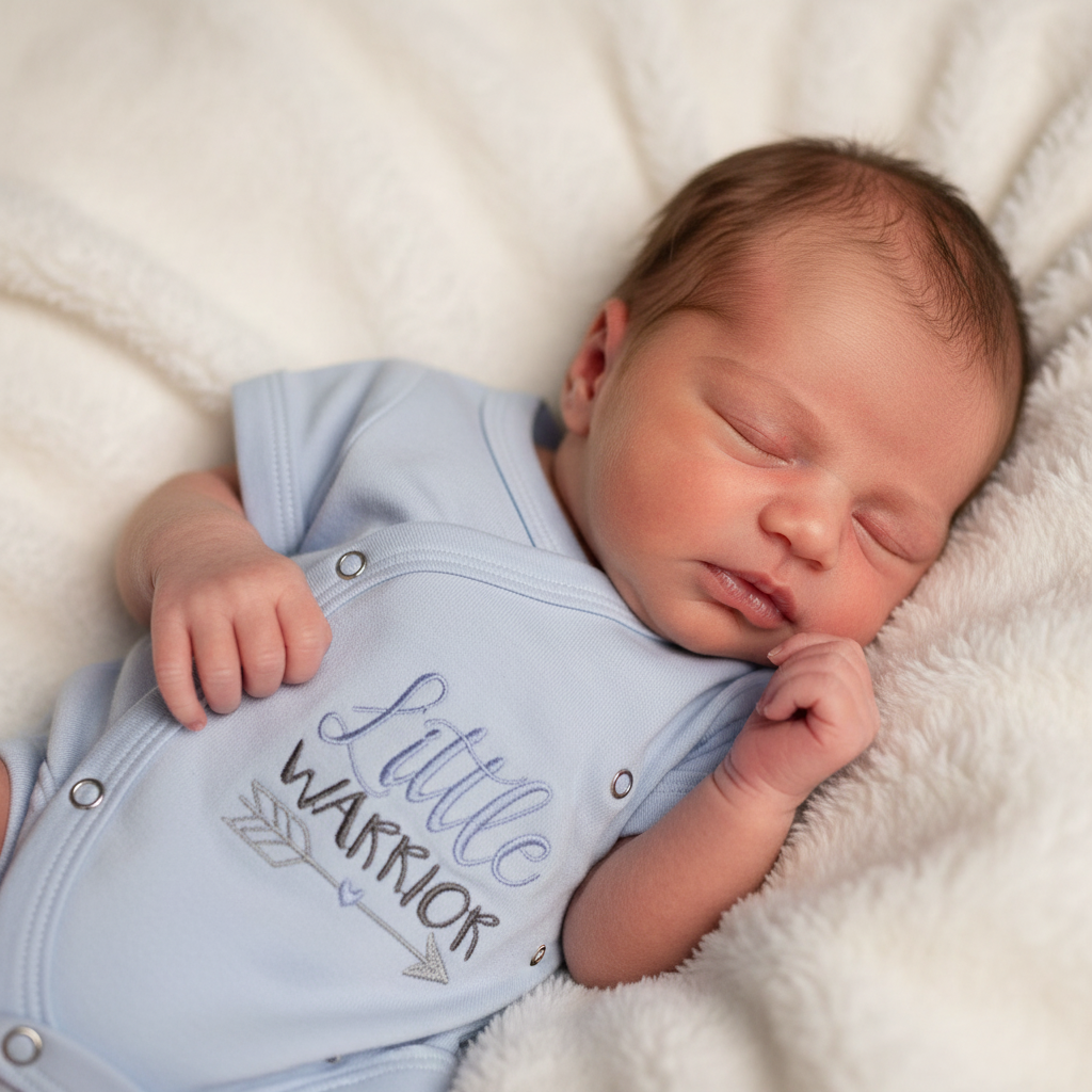 Baby wearing the little warrior crossover onesie - 100% cotton - gift set