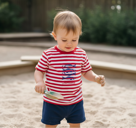 Red and white striped T-shirt with Sardine print