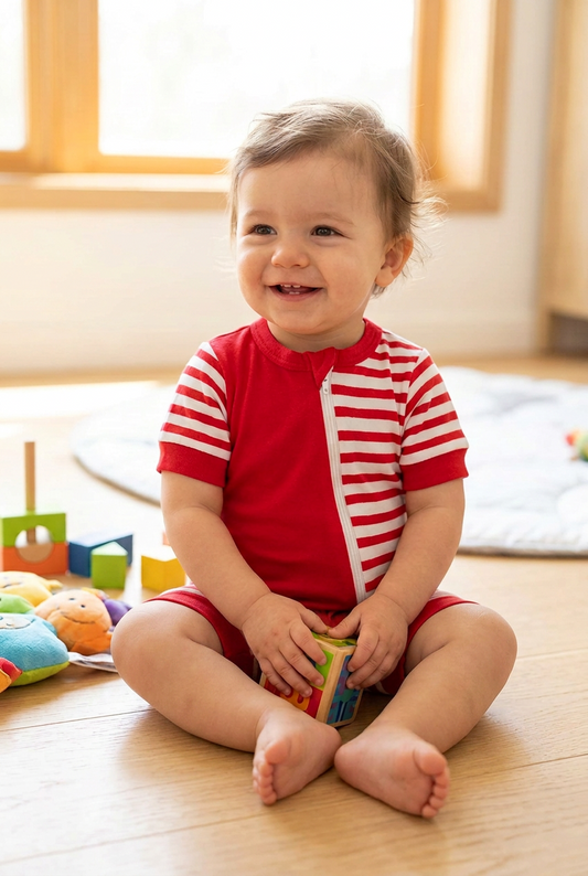 toddler wearing the red and white zippy romper 