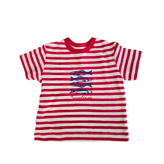 Red and white striped t-shirt with fish design on a white background