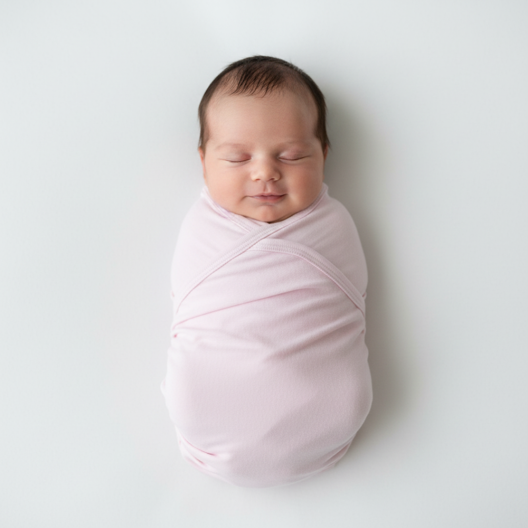 Newborn baby swaddled in a pink blanket on a white background