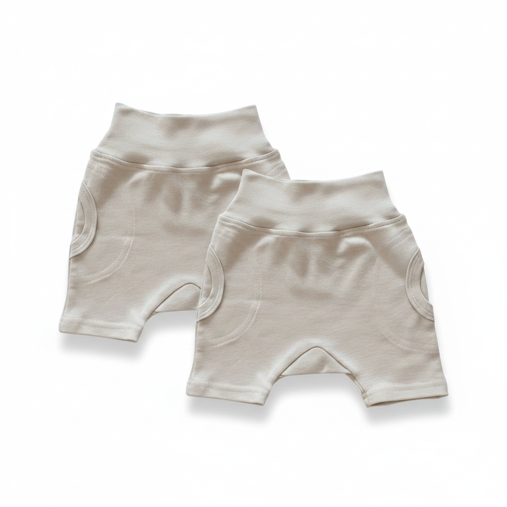 Two pairs of stone shorts on a white background
