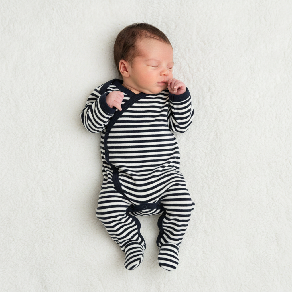 Crossover navy and white striped baby gro