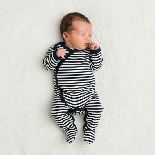 Crossover navy and white striped baby gro