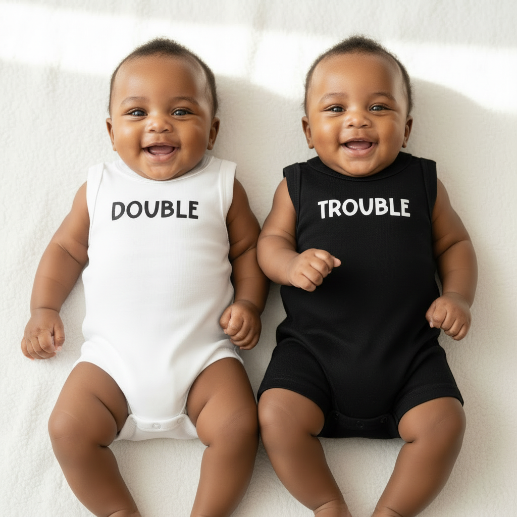 twin set with the words "Double" on one and "Trouble" on the other rmper