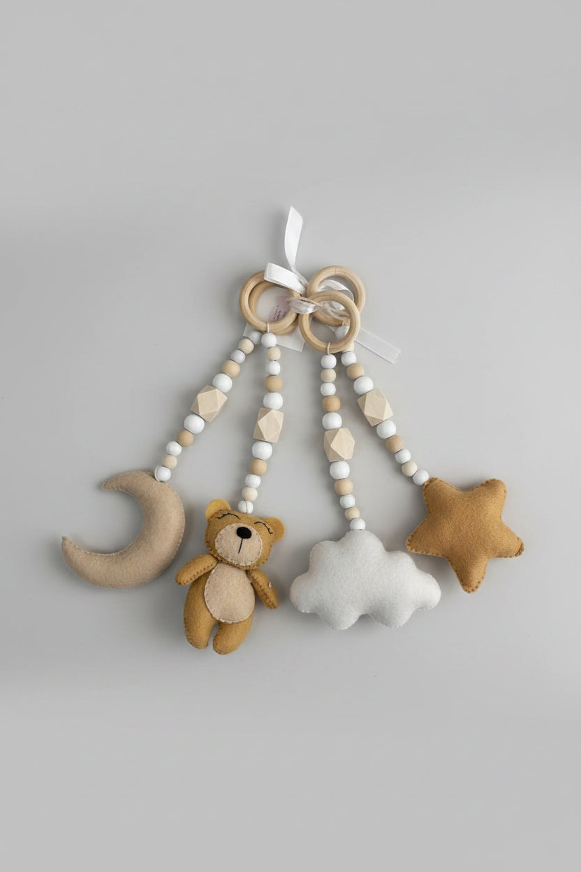 Teddy bear baby gym dangles with teddy, moon, cloud and star