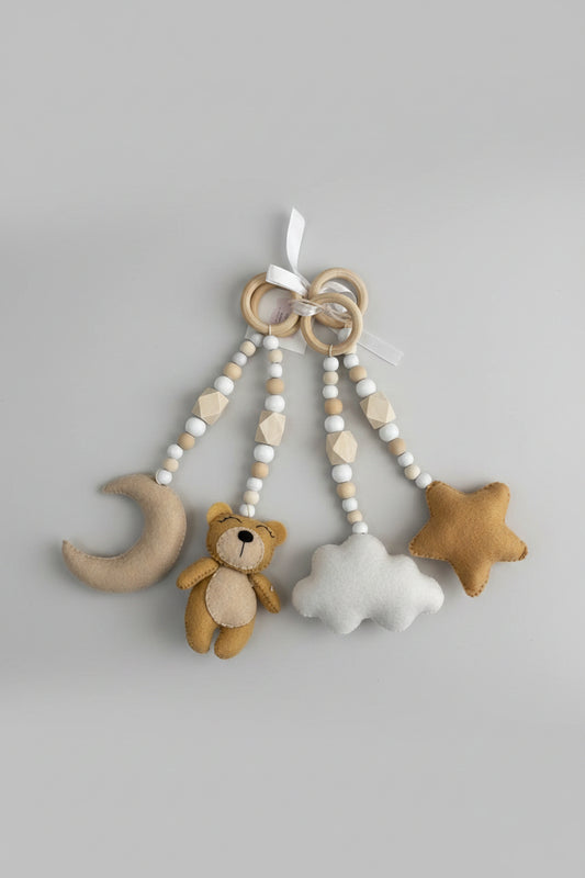 Teddy bear baby gym dangles with teddy, moon, cloud and star