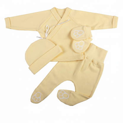 Yellow baby outfit with hat, romper, and socks on a white background
