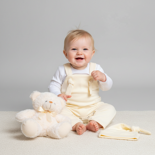 Baby outfit set with white romper, yellow overalls, hat, and teddy bear on a gray background