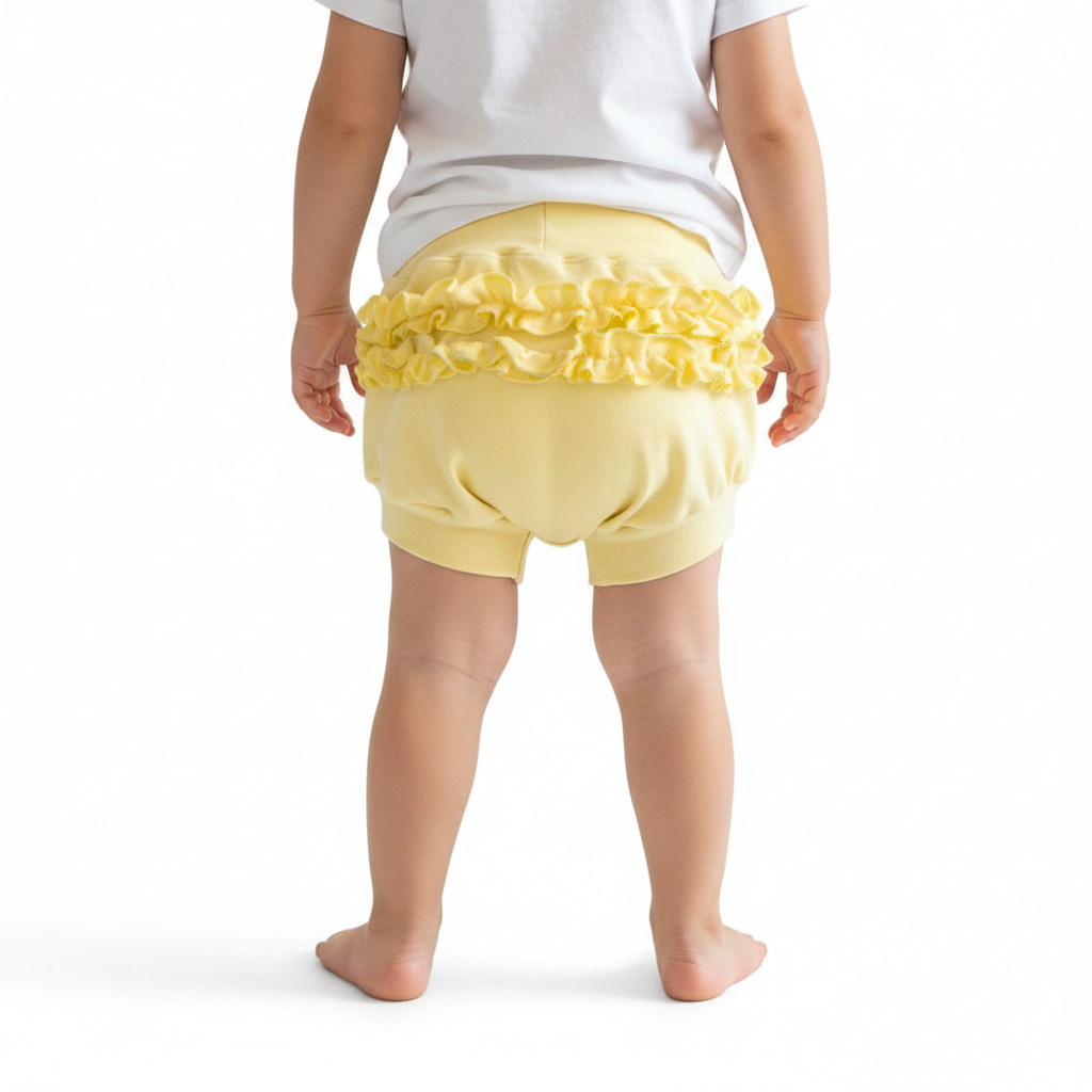 Yellow ruffled diaper cover on a white background
