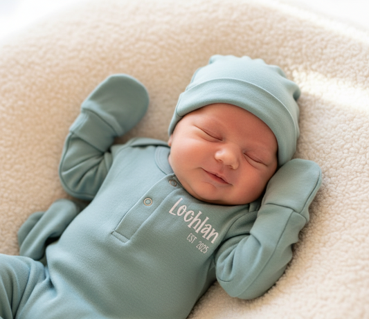 Baby outfit set with onesie, hat, and blanket on a wooden surface
