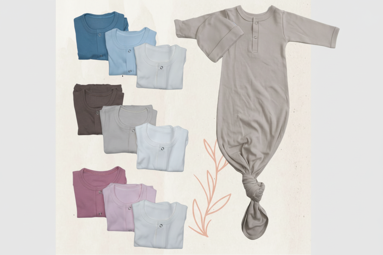 Collection of folded baby onesies in various colors with a gray baby onesie on a light background.