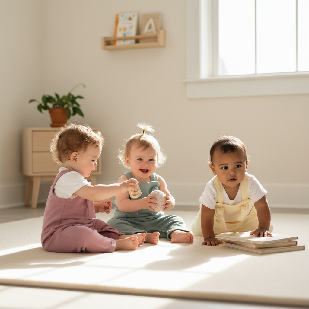 Three children's overalls in pink, green, and beige on a gray background